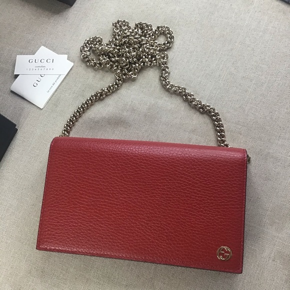 Gucci Handbags - GUCCI Red Interlocking GG Leather Wallet on Chain